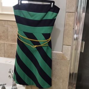 Green/navy strapless dress with yellow wrap belt